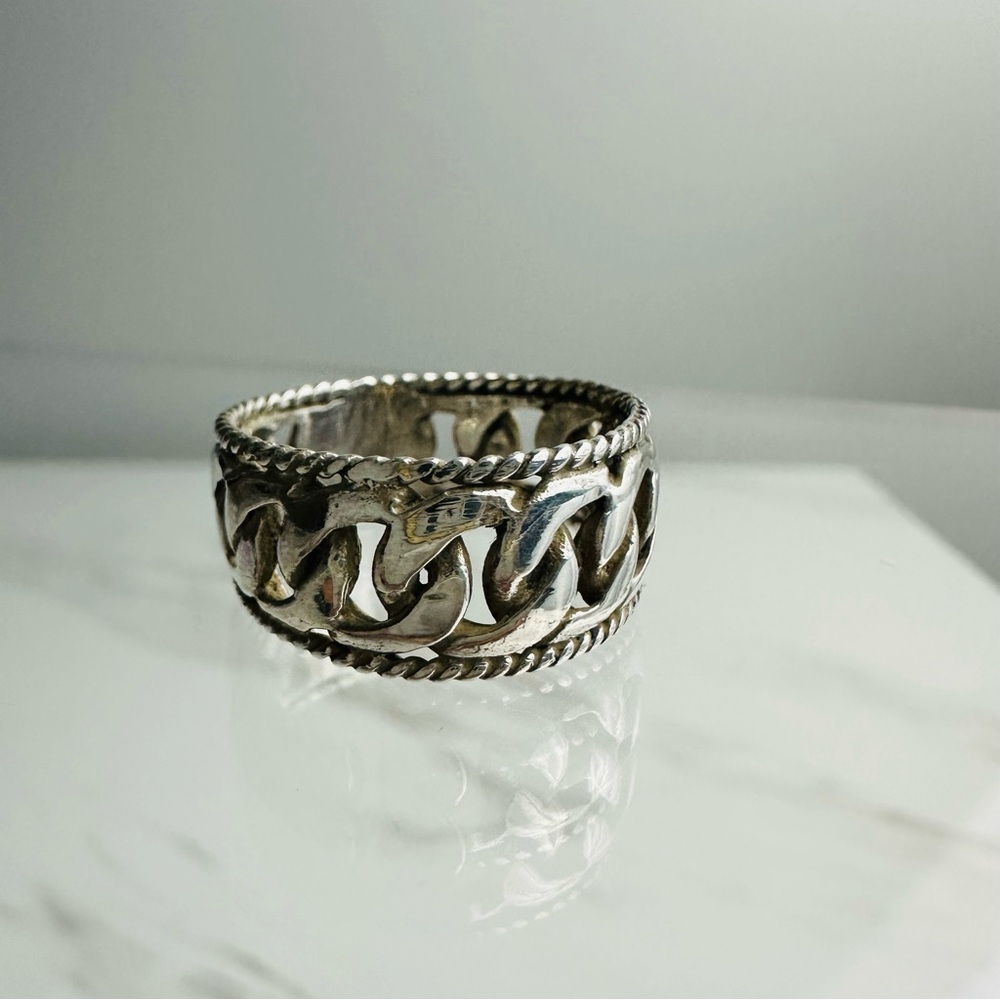 Vintage 925 Sterling Silver Wide Chain-Link Band Ring, Size 7.5 - Picture 7 of 9